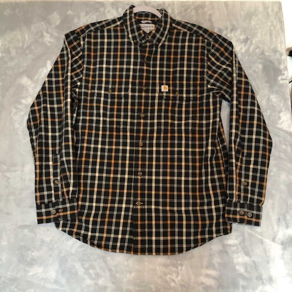 Carhartt Men's Relaxed Fit Button-up Shirt, Black/Orange/Cream Plaid Size M